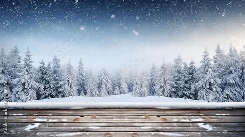 Winter Table - Snowy Plank With Snowfall In The Cold Sky, generative ai © Nia™