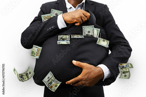 Black Businessman holding black bag full of US dollar notes isolated on transparent background, money falling from bag