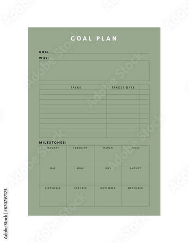 Goal Plan Planner. Minimalist planner template set. Vector illustration. 