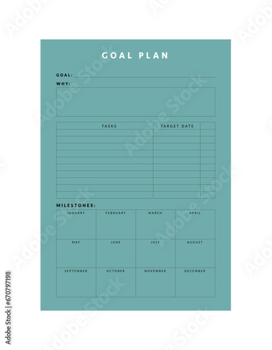 Goal Plan Planner. (Sea) Minimalist planner template set. Vector illustration. 