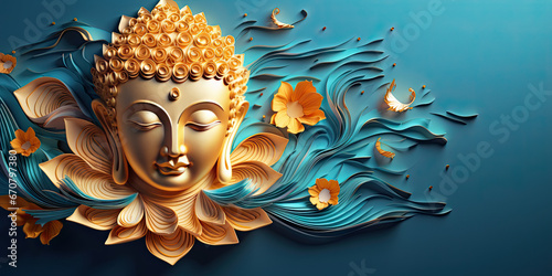 the glowing 3d buddha and flower with gold style on abstract background photo