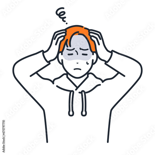 頭を抱えて悩むパーカーを着た若い男性のシンプルなベクターイラスト素材