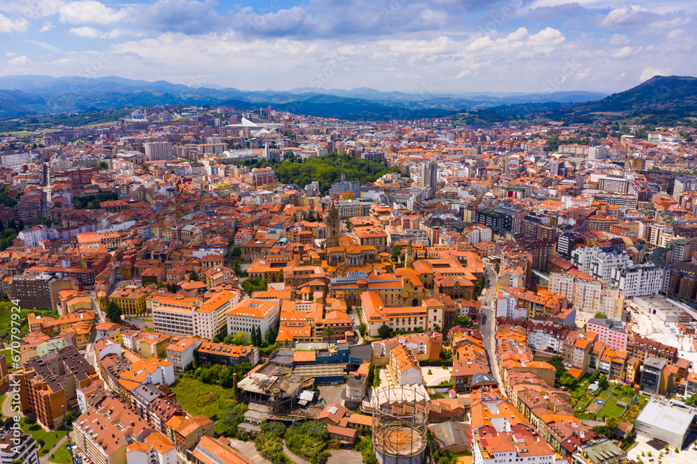 Aerial view of Oviedo city with buildings and lanscape, Asturias, Spain