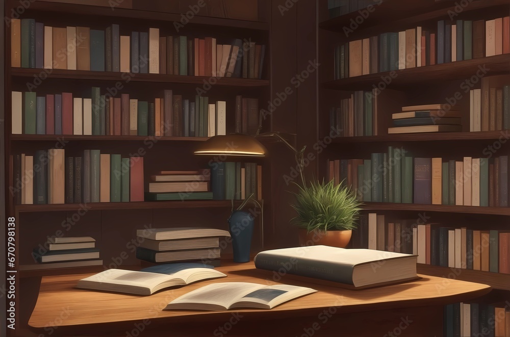 Books artfully arranged on a wooden table, inviting, cozy reading book. Books artfully arranged on a wooden table, inviting, cozy reading book.