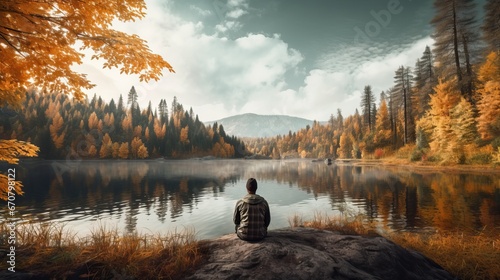 A lonely man on a bridge against the background of an autumn forest. The concept of depression, loneliness or autumn tourism