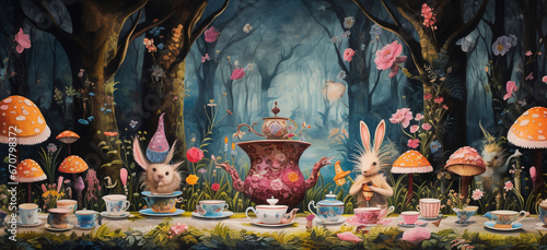 garden tea party in the middle of lush forest, alice in wonderland core, no people, in the style of surrealism, bright vibrant vintage photo