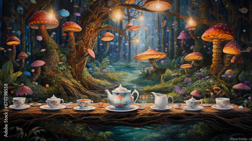 tea party in an enchanted forest. An image of a long  winding table set with teacups