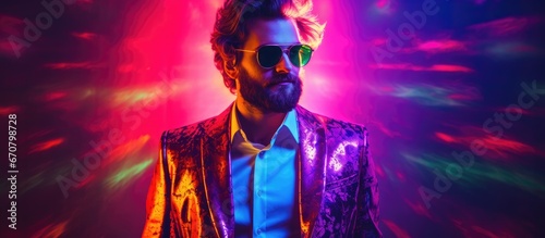 A stylish youthful and attractive male model posing in a trendy studio illuminated by neon lights The fashionable gentleman wears a chic suit and the vibrant colors and bright light effects  photo