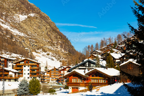 Town in Swiss Alps, Zermatt, during daylight. Ski resort village in Switzerland.