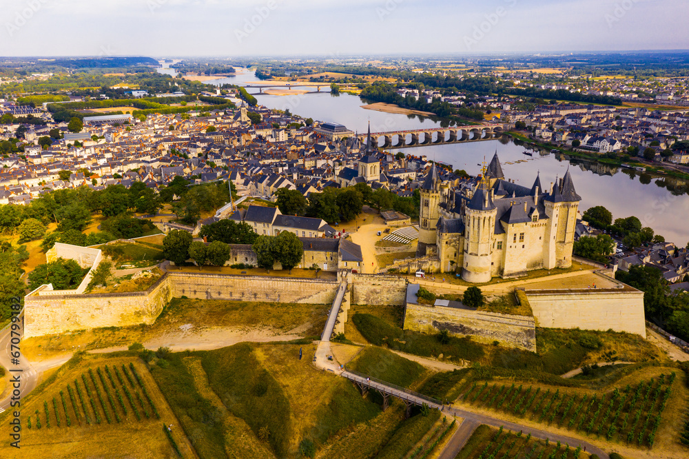 Aerial view of the city of Saumur and medieval castle Saumur on the banks of the Loire river. France