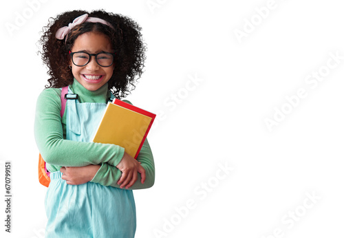 Kid, smile and portrait of student with books for education, study or learning isolated on a transparent png background. Face, glasses or school girl, nerd or geek with notebook for reading knowledge