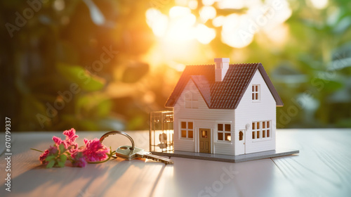 a concept 3d render model of a small living house on a table in a real estate agency. estate agent and the buyer clients signing mortgage contract document on the blurry background