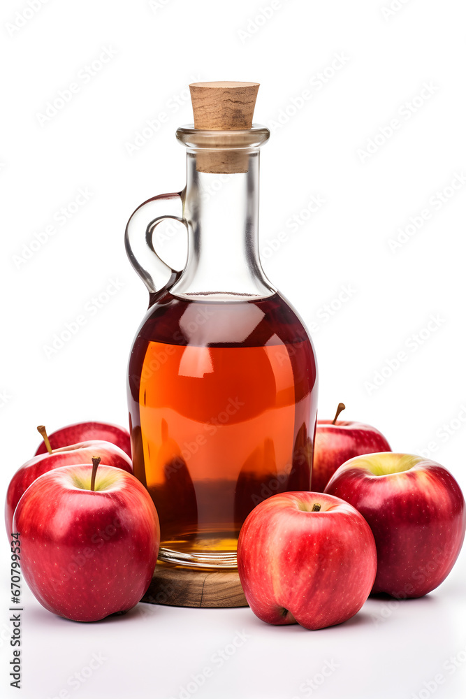 Homemade apple cider juice vinegar in a bottle with fresh red apples. Rustic harvest indoor image with alcohol beverage, isolated on white background Homemade apple cider juice vinegar in a bottle with fresh red apples. Rustic harvest indoor image with alcohol beverage, isolated on white background