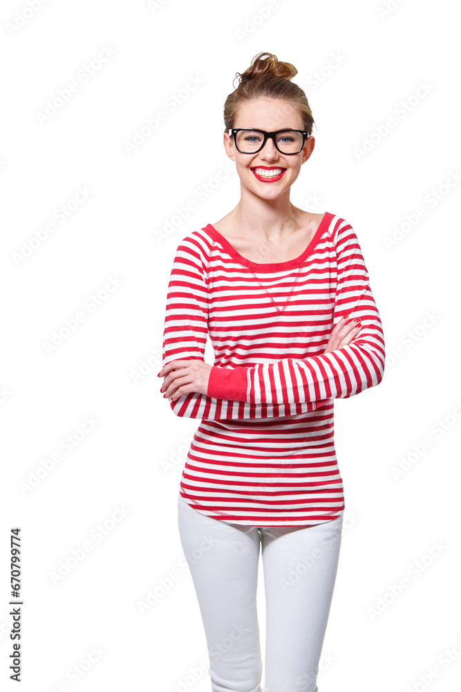Fashion, arms crossed and smile with portrait of woman on png for nerd, education and youth. Happy, smart and style with face of student isolated on transparent background for confidence and hipster Fashion, arms crossed and smile with portrait of woman on png for nerd, education and youth. Happy, smart and style with face of student isolated on transparent background for confidence and hipster
