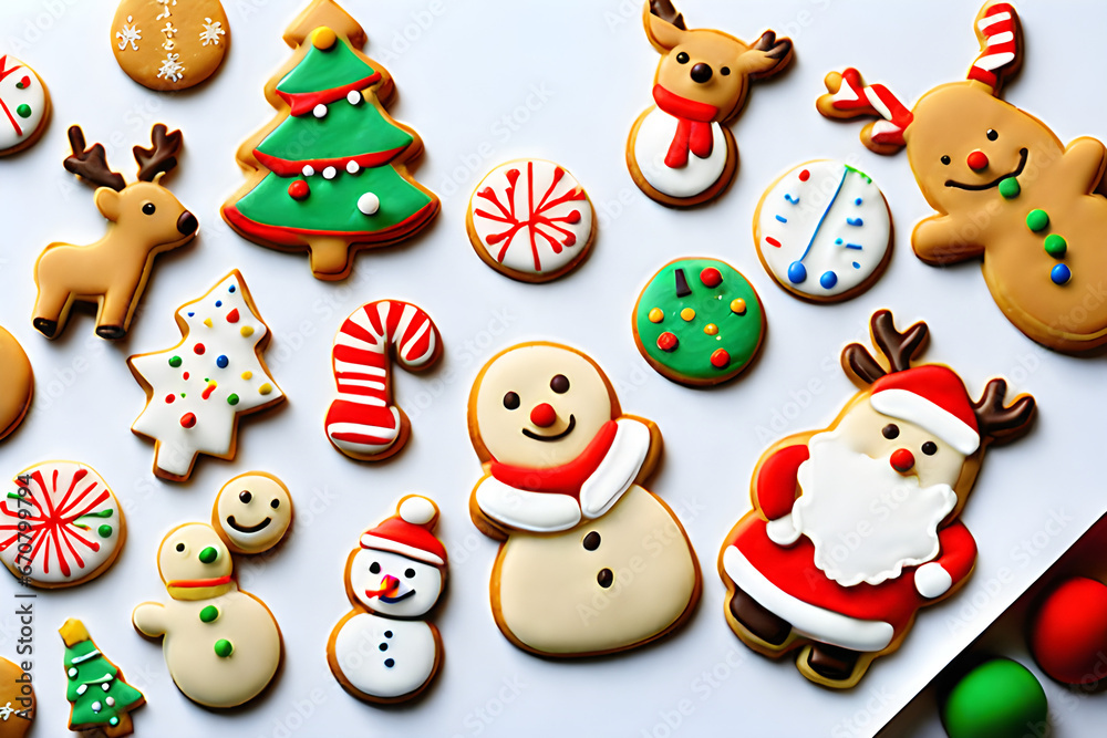 I made various shapes of cookies for Christmas. Snowman cookies, Santa cookies, Rudolph deer cookies, and more look delicious. Generative AI.