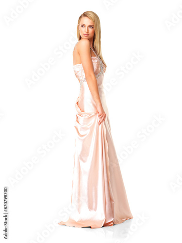 Fashion  thinking and wedding with a woman model in an elegant outfit isolated on transparent background. Beauty  style and glamour with young bridesmaid in a classy dress for a party or event on PNG