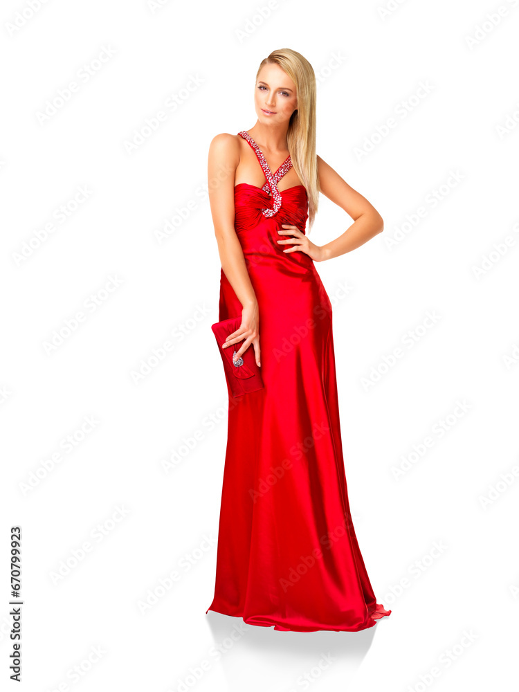 Fashion, beauty and elegant woman in red dress, evening gown and style of prom, bridesmaid or formal event isolated on transparent png background. Portrait of female model in designer clothes and bag