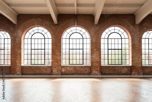 Empty room interior with concrete walls, wooden floor with window . Ai Generative