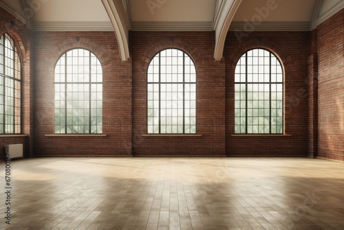 Empty room interior with concrete walls, wooden floor with window . Ai Generative © Phichitpon