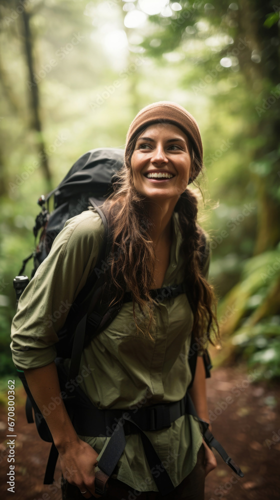 Obraz premium Adventurous Woman Hiking Through A Lush Forest, Background Image, Best Phone Wallpapers