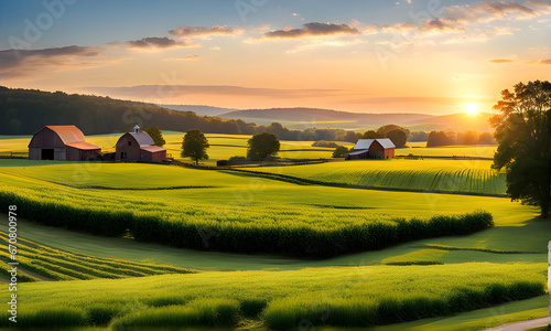 Scenic view of a rural farm at sunset.