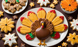 A turkey-shaped cookie platter with beautifully decorated cookies.