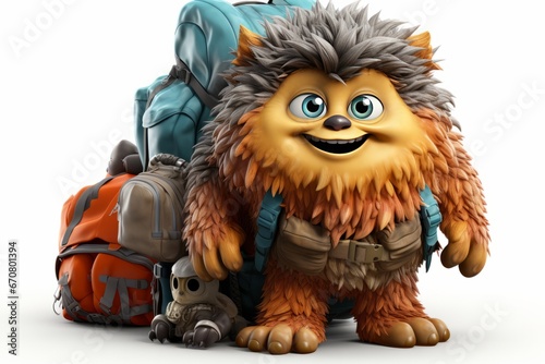 Furry monster with a backpack, embarking on an adventurous journey through a fantastical and unexplored world, Generative AI