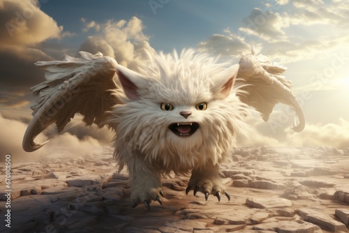 Furry monster with wings, taking flight in a dreamy, cloud-filled sky, Generative AI