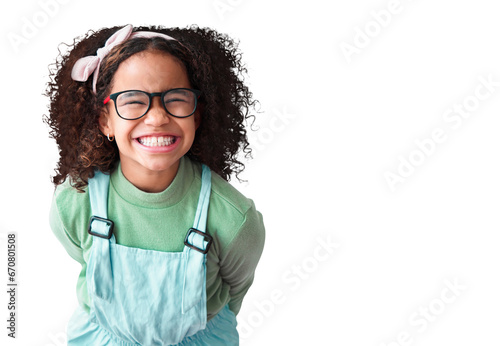 Portrait, girl and kid with glasses or excited in png or isolated and transparent background. Nerd, child and positive with happiness youth or geek or fashion eye care for trend with cool style.