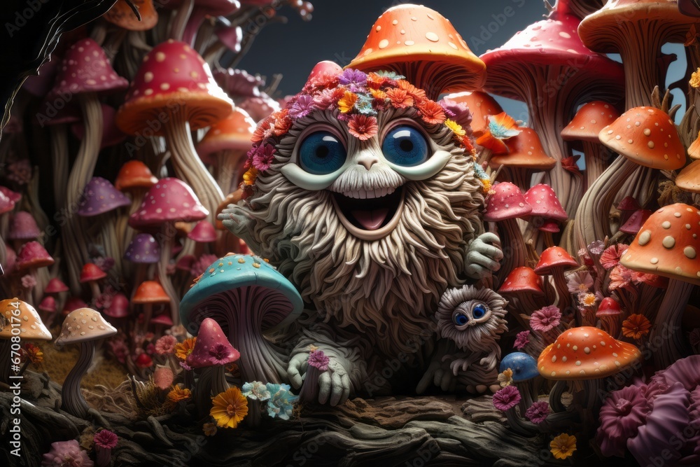 Monster hiding in a forest of colorful mushrooms, creating an enchanting and whimsical scene, Generative AI