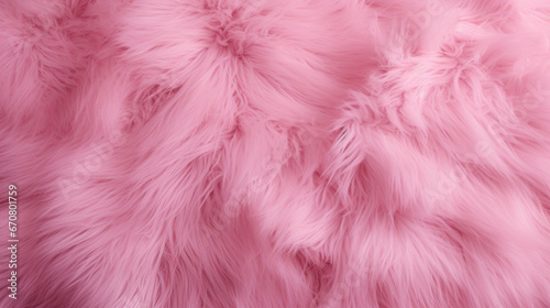 A backdrop of soft pink plush fur complements a coral fluffy fabric coat, creating a textured and cozy winter fashion concept with pastel pink shaggy fur and wool texture © Bee