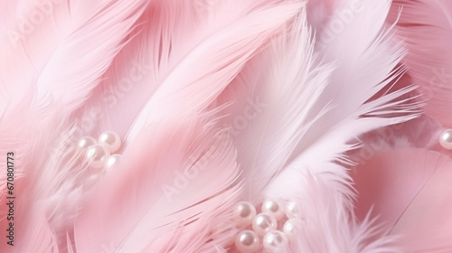 A close up abstract backdrop featuring white and cream pearls and feathers