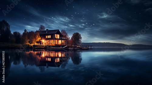 大きな湖の湖畔に一軒ある灯りが灯った家