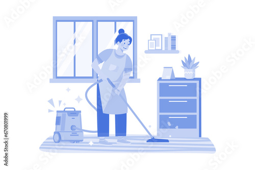 Cleaning Worker Cleaning Floor With The Vacuum Cleaner