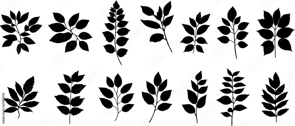 A collection of tropical leaf silhouettes of various shapes. Leaf shape designs are suitable for greeting card, invitation and event design elements - obrazy, fototapety, plakaty 