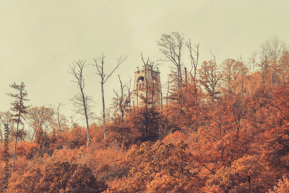 View on the autumn forest and the Bismark Tower - Bismarkturm in Bad Pyrmont, Lower Saxony - Germany. - obrazy, fototapety, plakaty 