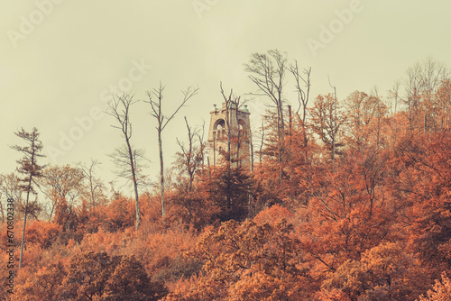 View on the autumn forest and the Bismark Tower - Bismarkturm in Bad Pyrmont, Lower Saxony - Germany.