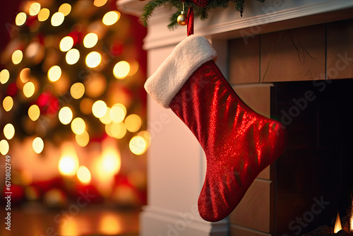 red christmas socks hanging in front of the fireplace, christmas material, christmas elements.