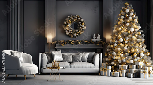 christmas tree and white couch in a white living room. christmas home interior. modern minimalist living room