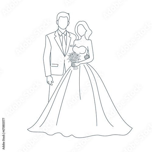 Happy wedding bride and groom at wedding ceremony. Beautiful wedding couple in wedding clothes  couple with beauty wedding bouquet line art