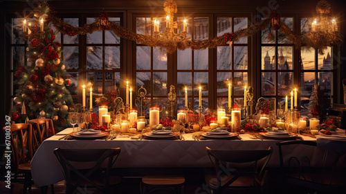 christmas dinner table setting with candles and christmas lights. table served for a christmas dinner