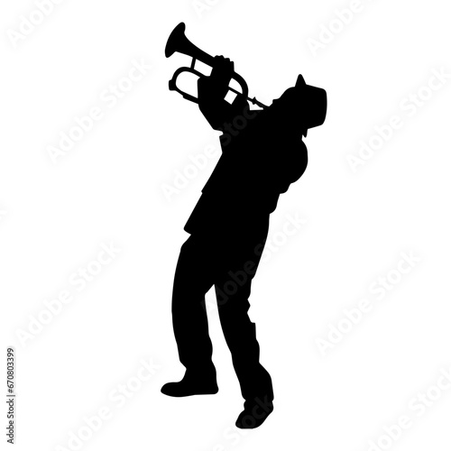Silhouette of a male musician playing trumpet musical instrument. 