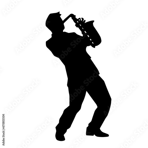 Silhouette of a musician playing saxophone music instrument. 