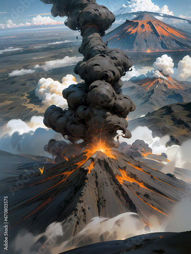 Witness the raw power of nature as a majestic volcano spews thick plumes of smoke into the sky