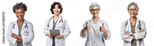 Set of Portrait of a middle aged doctor woman happy smiling and standing posing arms crossed, thump up, hand holding using tablet computer, isolated on white background, png