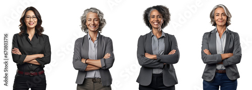 Set of Portrait of a middle aged business woman happy smiling and standing posing arms crossed, isolated on white background, png photo