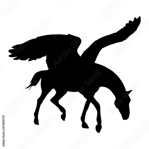 Sillhouette of a mythical horse animal with wings. Silhouette of pegasus greek mythical flying horse creature.