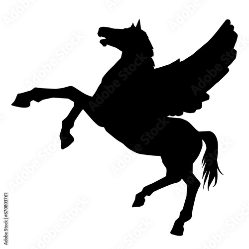 Sillhouette of a mythical horse animal with wings. Silhouette of pegasus greek mythical flying horse creature.