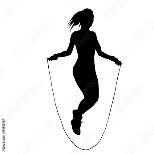 Silhouette of a slim sporty woman doing jump rope workout.
