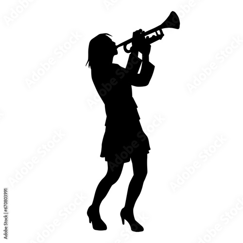 Silhouette of a woman musician playing trumpet brass musical instrument.